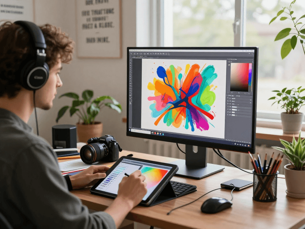 NSFW digital art studio, artist creating vibrant artwork with tablet, inspiring workspace setting.