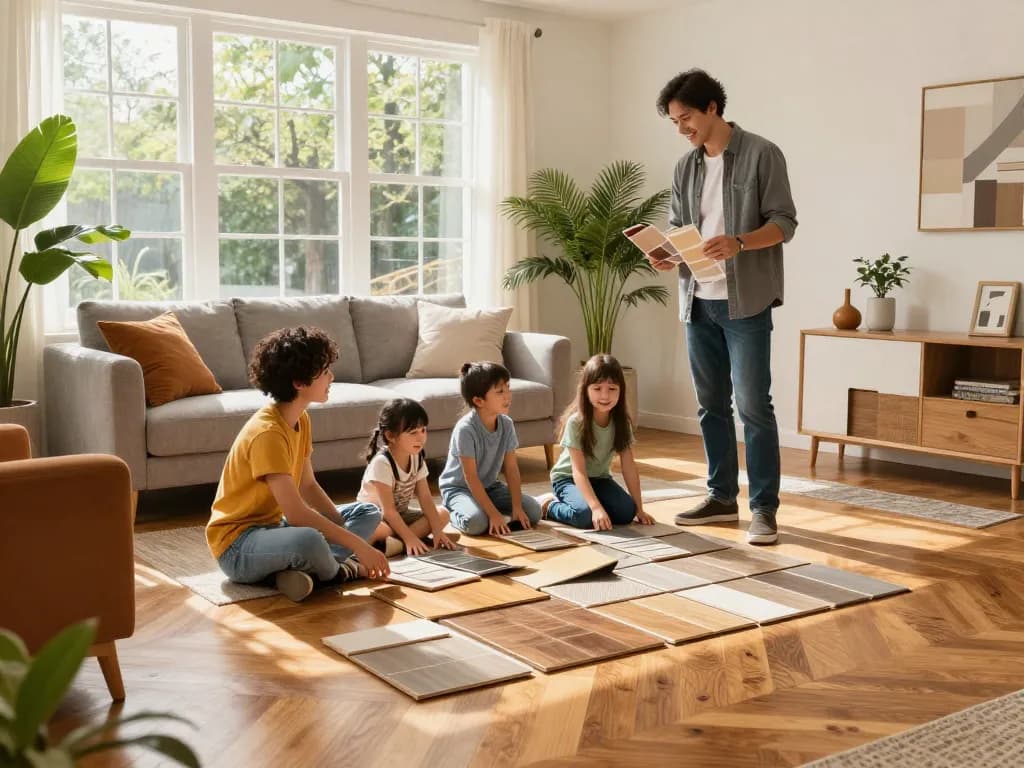 Family exploring flooring options with a flooring specialist near me in a bright, modern living room.