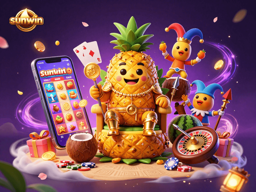 Experience sunwin's vibrant casino world with a golden pineapple king, immersive slot games, and dynamic characters.