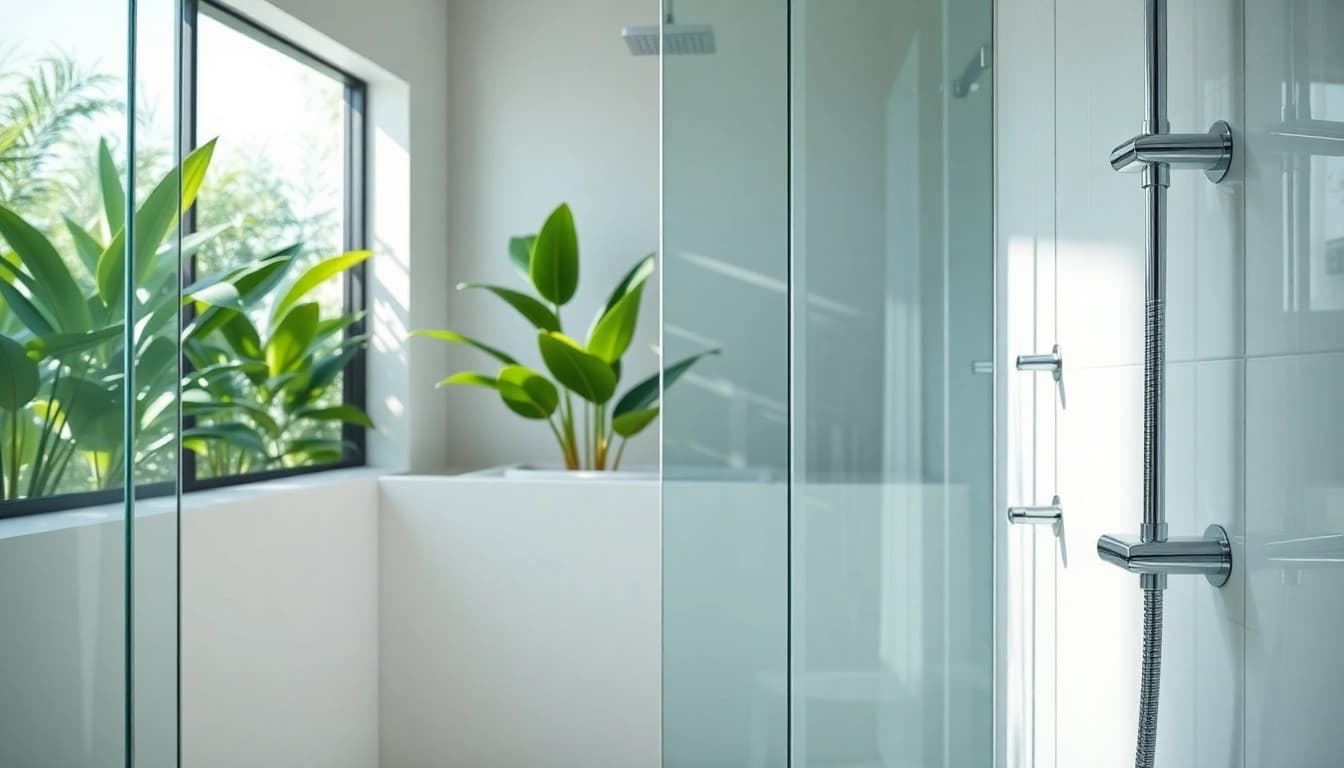 Luxurious elegant showers in a modern bathroom with natural lighting and sleek design.