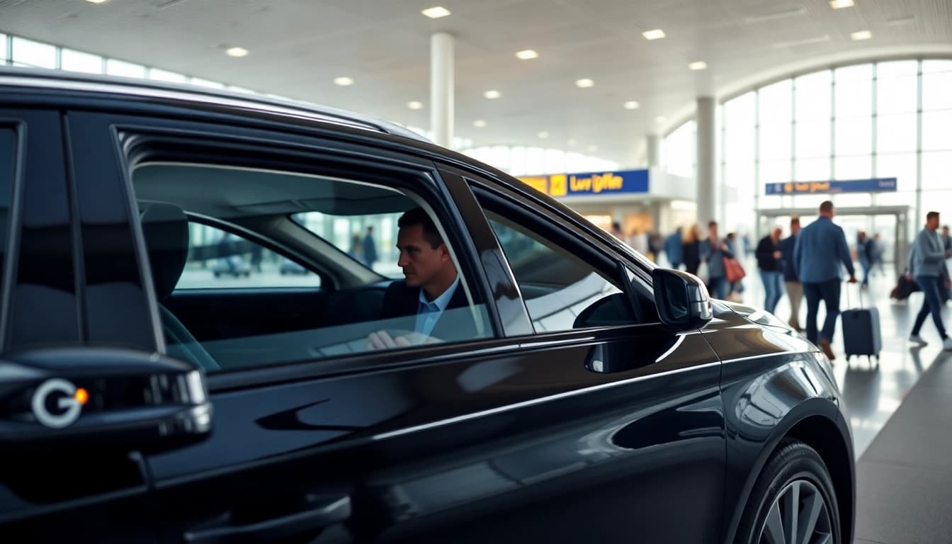 Efficient airport transfer at Luton airport showcasing a professional driver and sleek vehicle.