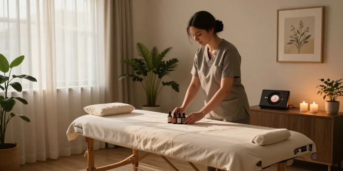 Inviting home massage setup for 수지출장안마 with calming elements and soft lighting.