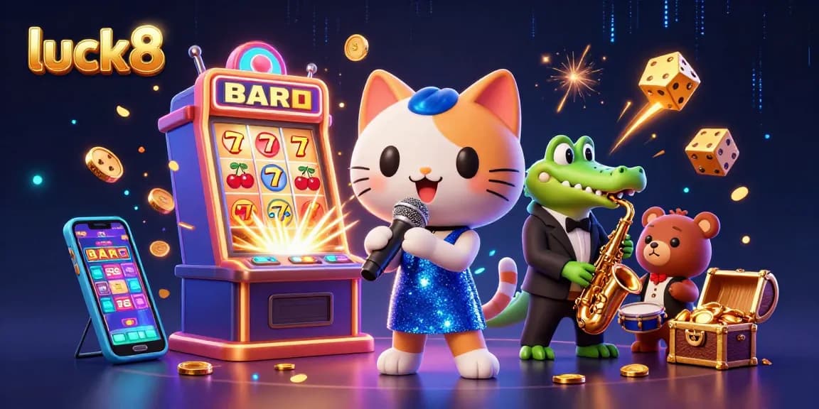 Experience excitement at luck8 casino with vibrant characters and dynamic jackpot elements in this lively illustration.