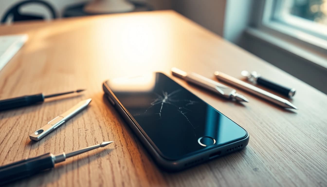 Get Broken iPhone Cash by showcasing a damaged device on a repair table.