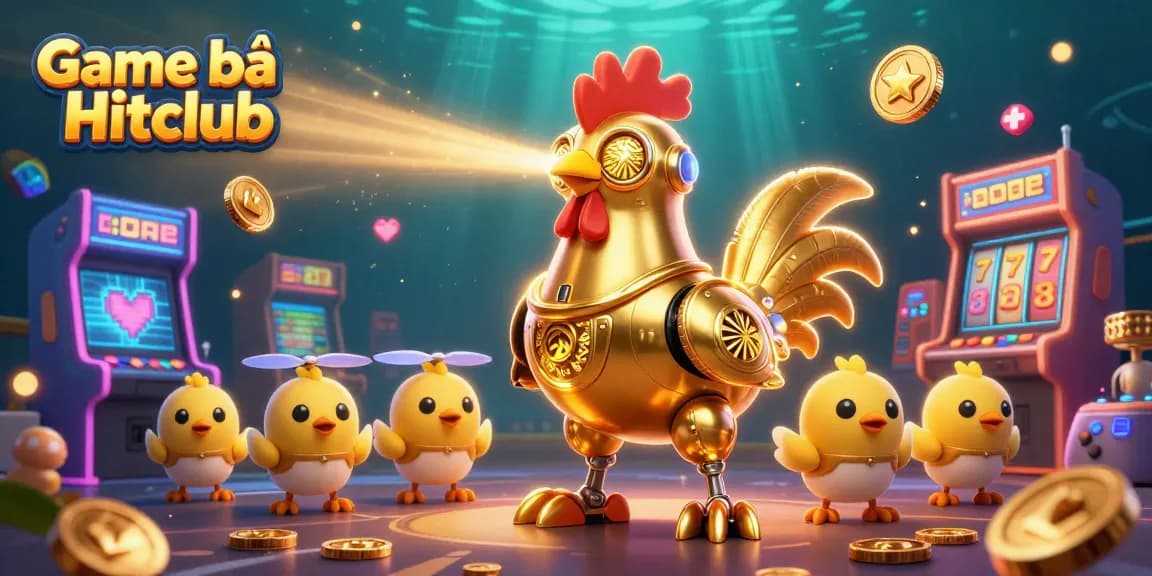 Engage with Game bài Hitclub in a vibrant 3D casino world featuring a golden rooster robot.