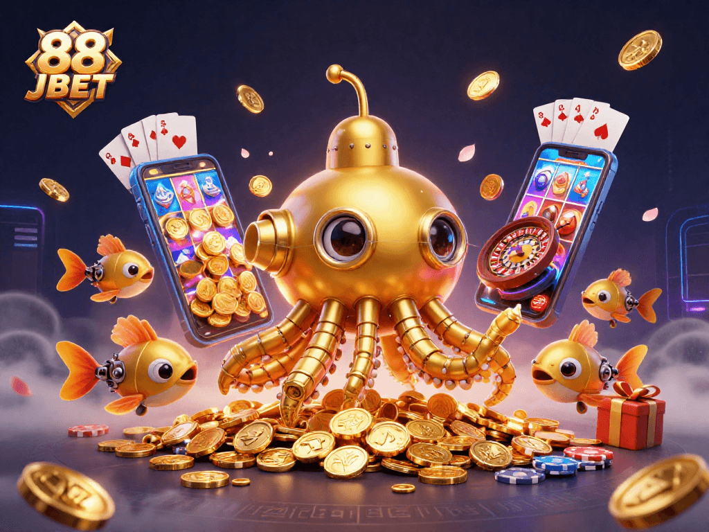 Bet on exciting slots with the vibrant 88 JBET kraken-themed illustration, showcasing action and fun.