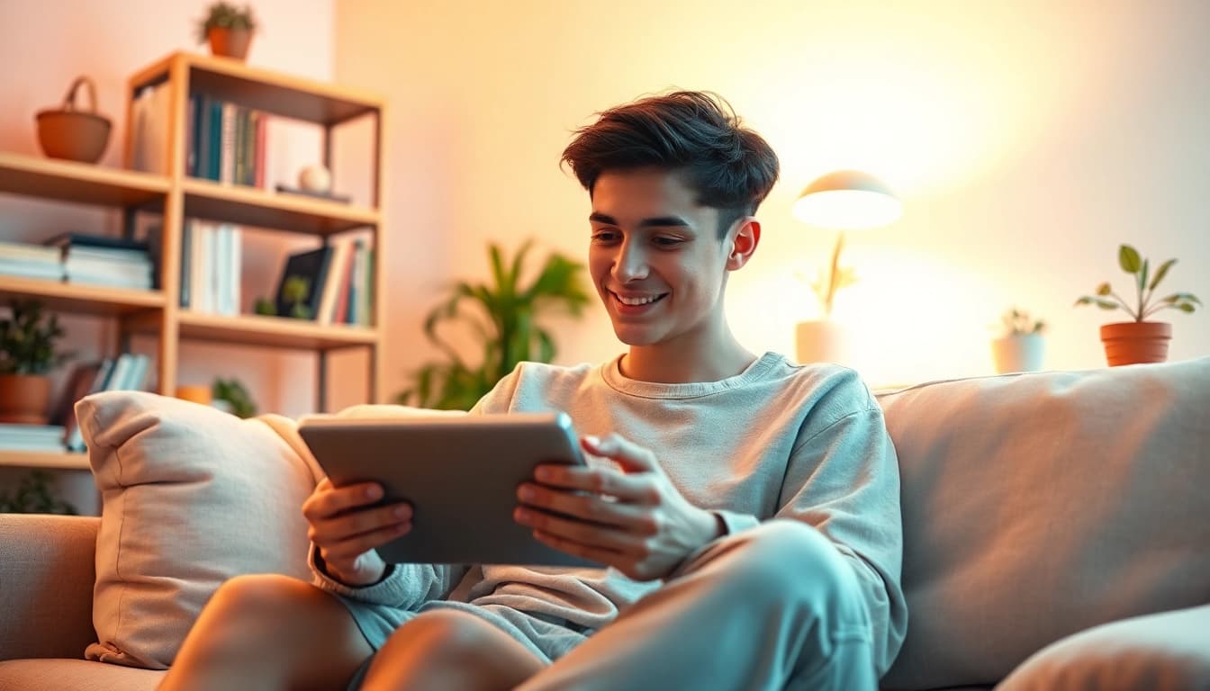 Engaged user connects with their AI girlfriend on a tablet in a cozy room.