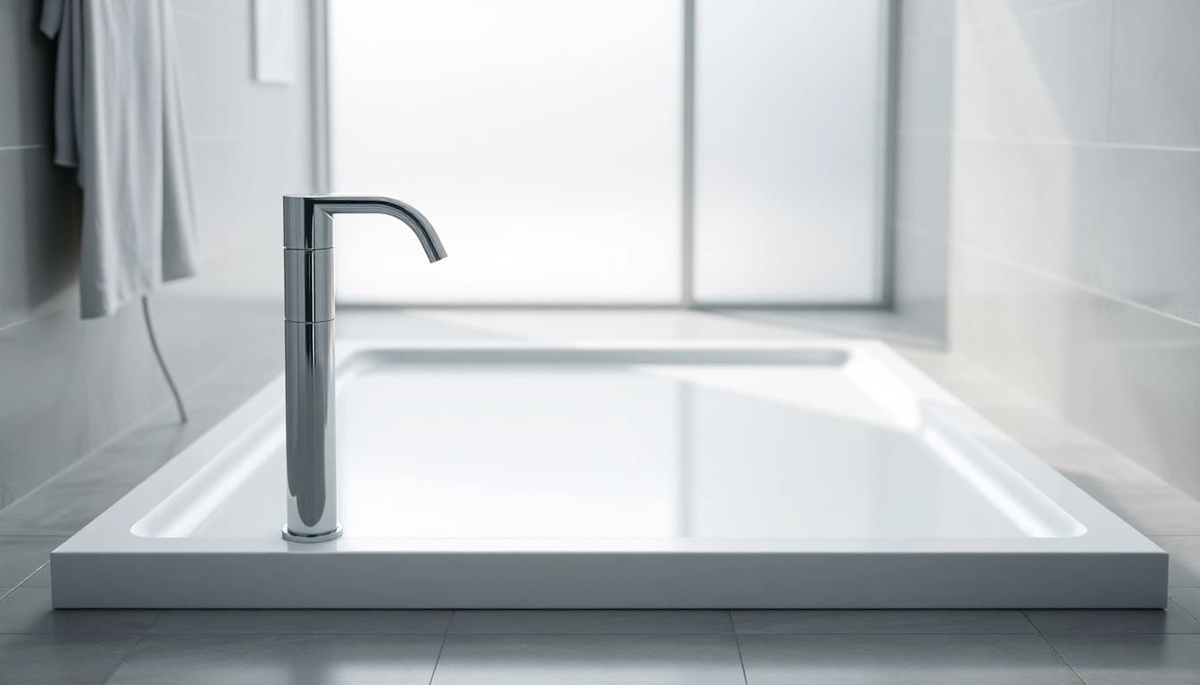View a stylish shower base shower in a modern bathroom with elegant design elements.