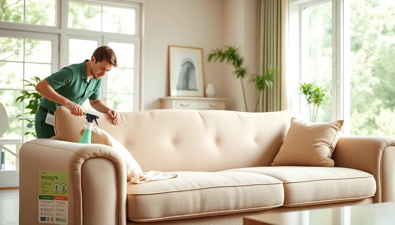 Sofa cleaning in Glasgow with a professional applying eco-friendly solutions in a bright living room.