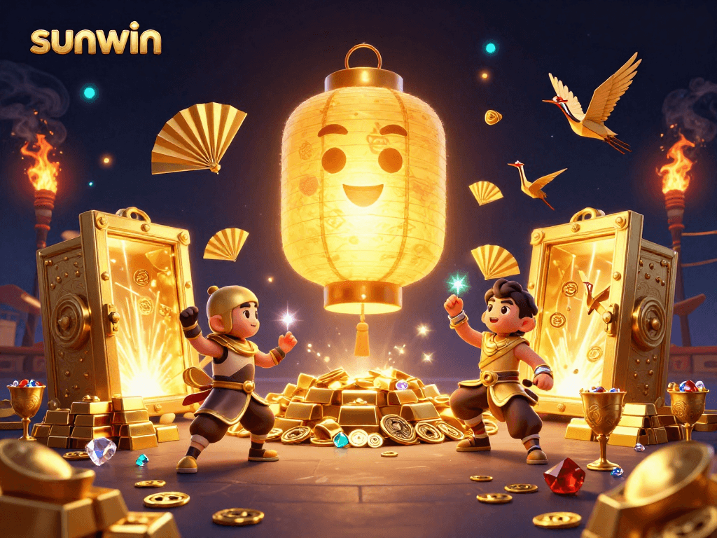 Experience sunwin's vibrant casino world with a glowing lantern spirit and treasure burst.