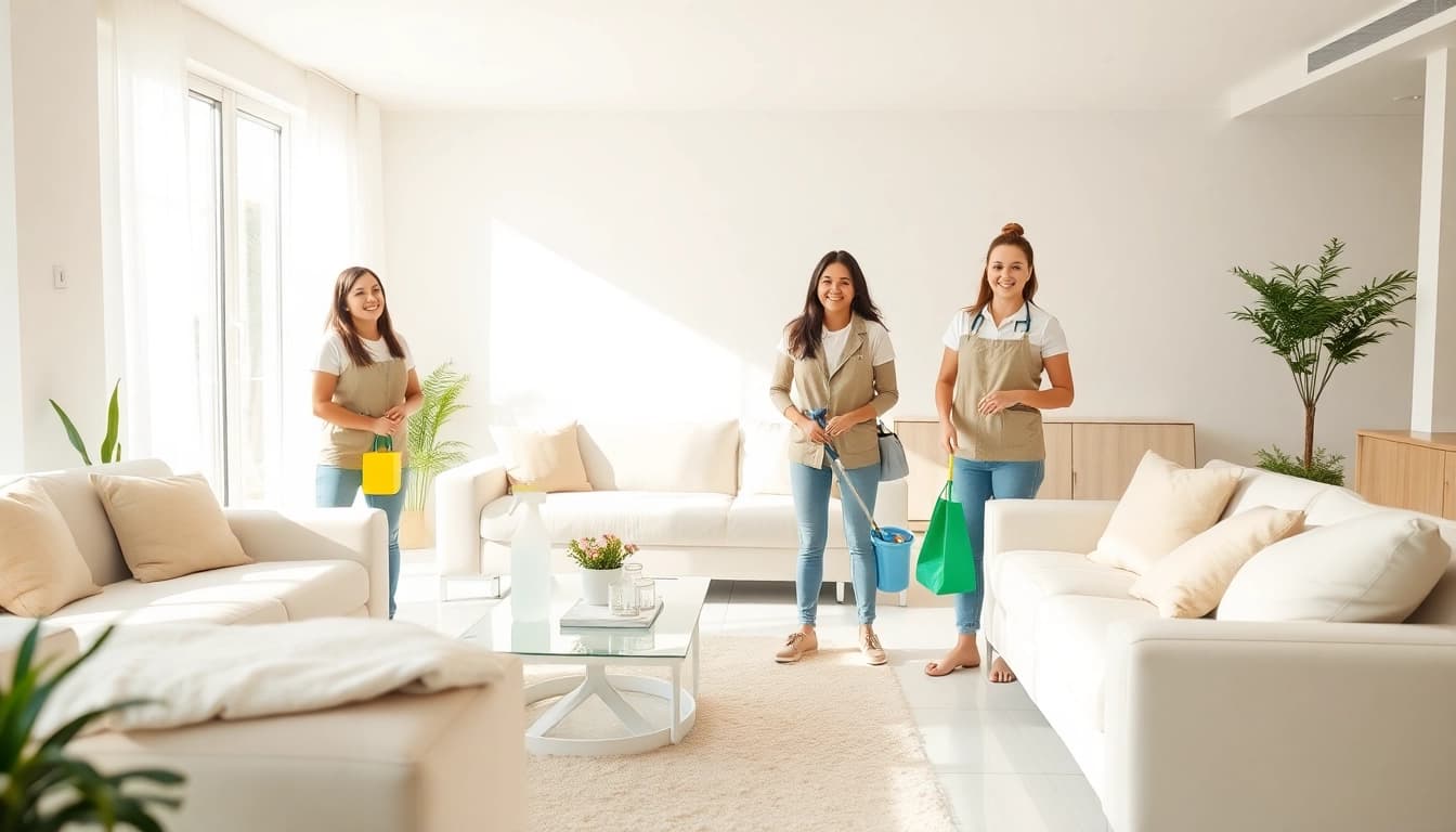 Cleaning services calgary team beautifully tidying a bright living room with eco-friendly supplies.