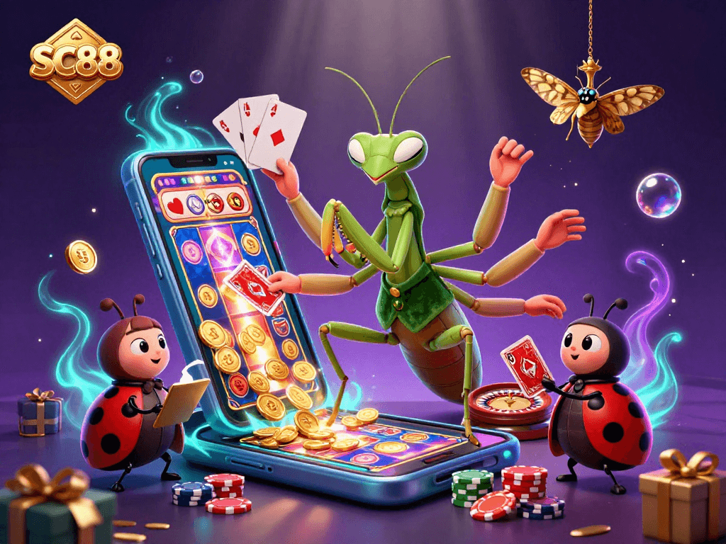 Experience chance and strategy with SC88 in this vibrant casino illustration featuring diverse game elements and engaging characters.
