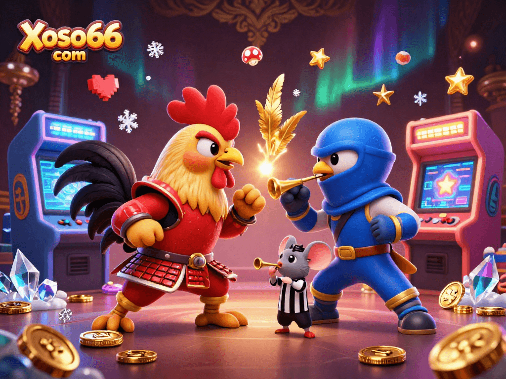 Engage with thrilling gameplay at Xoso66 com amid a fierce duel of cartoon roosters in a colorful casino setting.