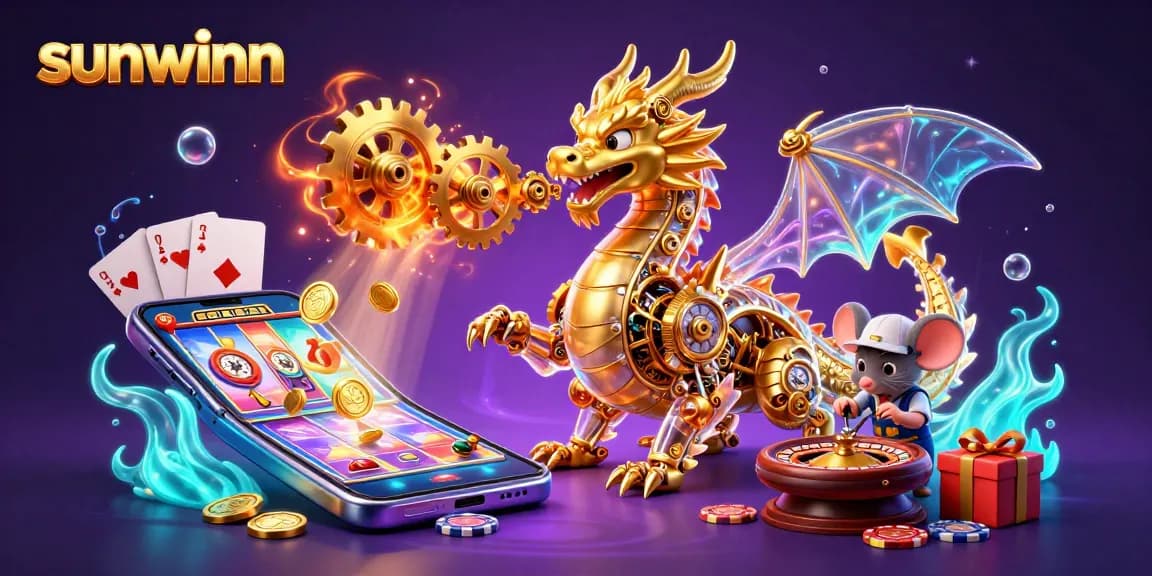 Experience sunwinn with a dynamic 3D dragon and mouse engineer amidst vibrant casino elements.