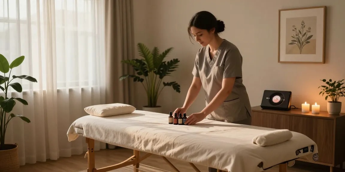 Inviting home massage setup for 수지출장안마 with calming elements and soft lighting.