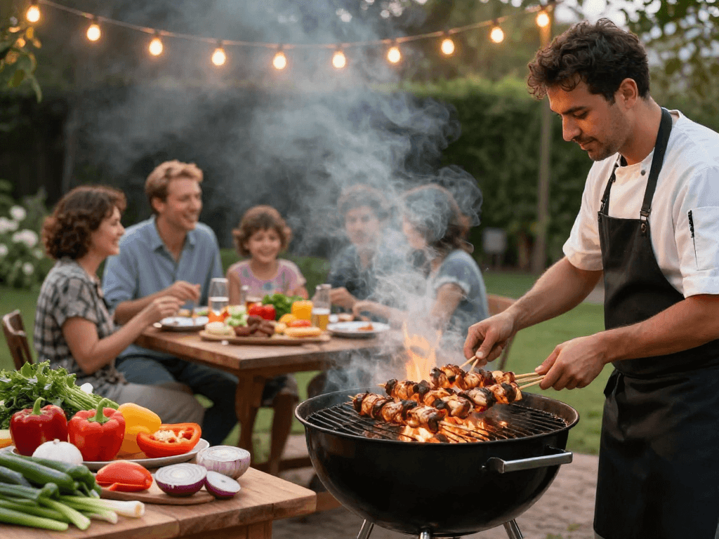 Delicious grilled chicken skewers from https://sambalrawitankoko.com in a cozy outdoor barbecue setting.