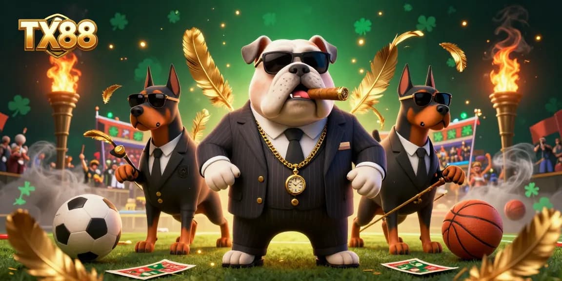 Experience thrilling sports betting at TX88 with a mafia bulldog and Doberman bodyguards amid a dynamic gambling scene.