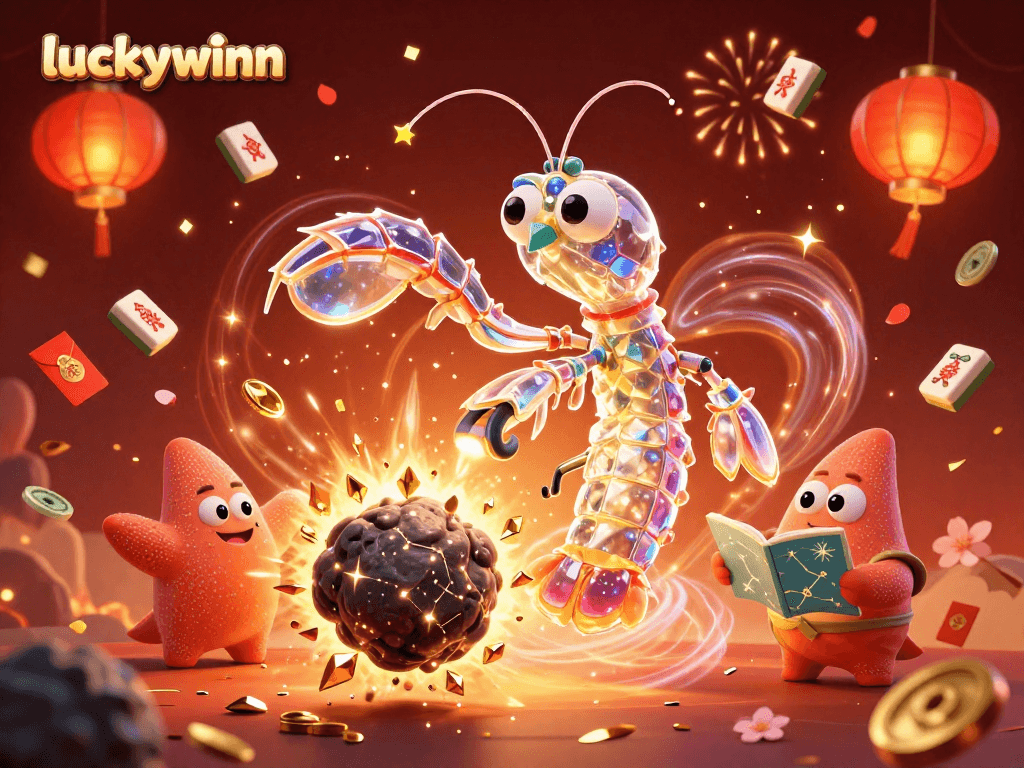 Experience luck at luckywinn with a vibrant 3D casino-themed celebration featuring galactic characters and gold coins.