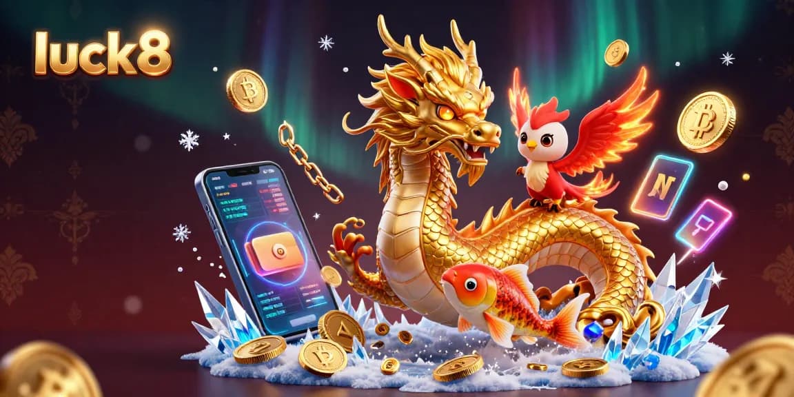 Immerse in luck8's thrilling casino scene with a golden dragon, phoenix, and koi fish amidst coins.