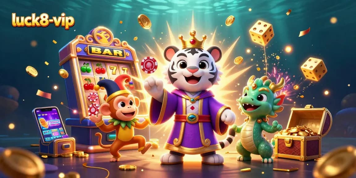 Engage in thrilling action at luck8-vip with a lively illustration of a royal tiger and a juggling monkey in an exciting casino environment.