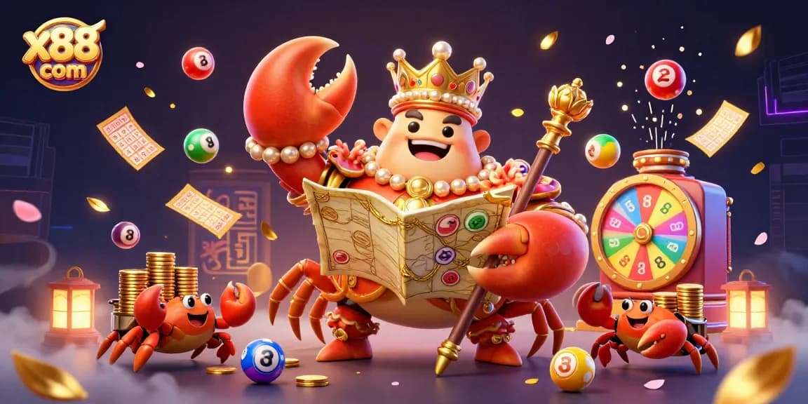 Experience thrilling gameplay at x88 com with a vibrant 3D casino scene featuring a golden crab emperor amidst dynamic gaming elements.