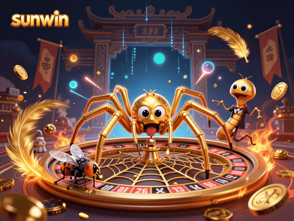 Bet on sunwin with vibrant 3D casino characters spinning a roulette web