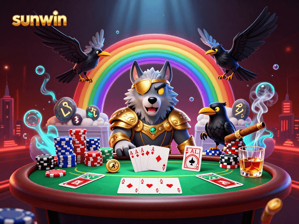 Experience a thrilling poker showdown with sunwin's Odin wolf and ravens on a casino bridge.