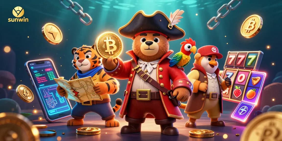 Win exciting slots with sunwin amidst vibrant 3D characters and action-packed crypto elements
