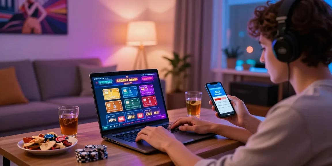 Engaging scene showing a player using credit card casinos on a laptop with vibrant graphics and cozy atmosphere.