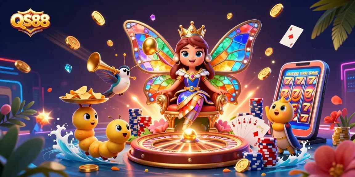 Experience thrilling gameplay with QS88's vibrant casino illustration featuring a butterfly queen and chips.