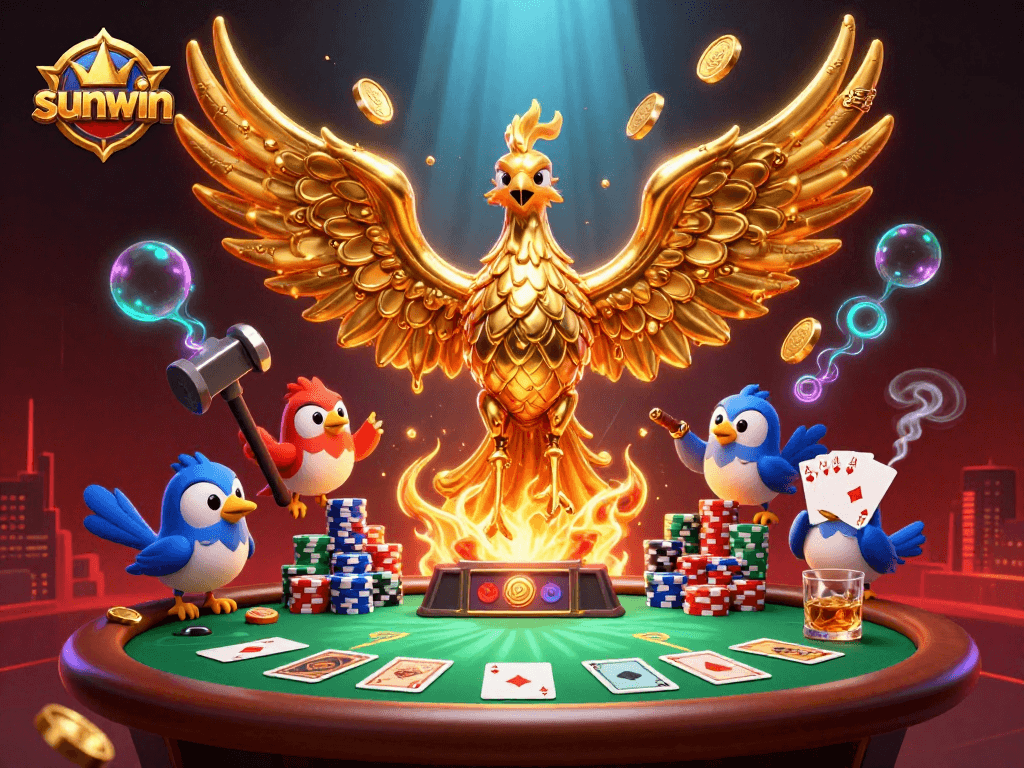 Experience thrilling wins with sunwin amidst golden phoenix and vibrant casino elements.