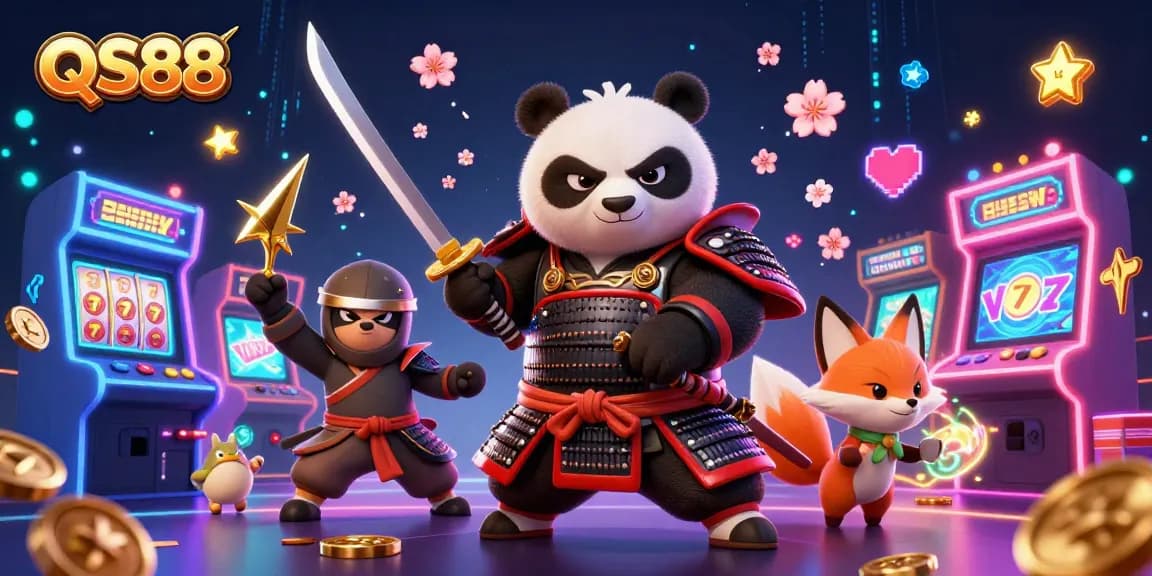Experience the thrill of QS88 with samurai and fox characters amidst a vibrant casino scene.