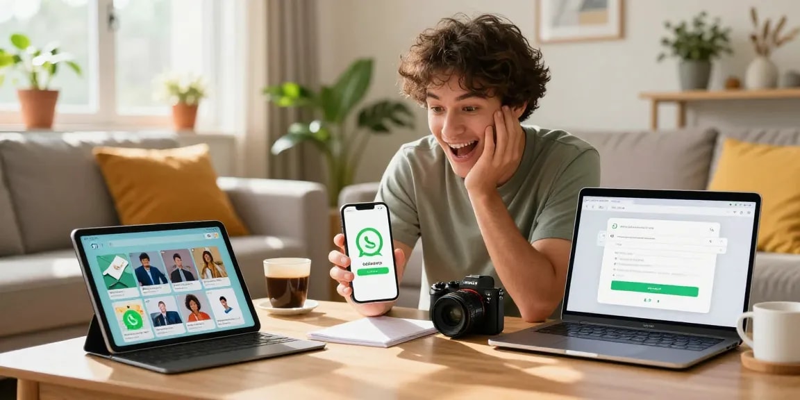 Enthusiastic user downloading GB WhatsApp on a smartphone with tech gadgets in a cozy living room.
