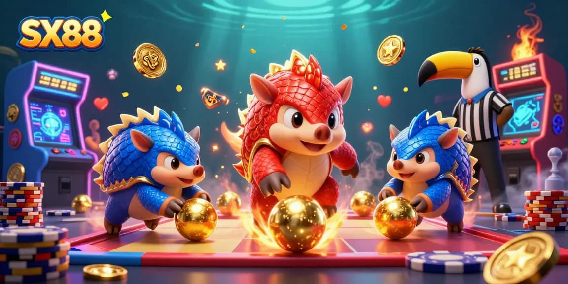 SX88 pangolins compete in a vibrant casino world amid gold and poker chips, showcasing gaming excitement.