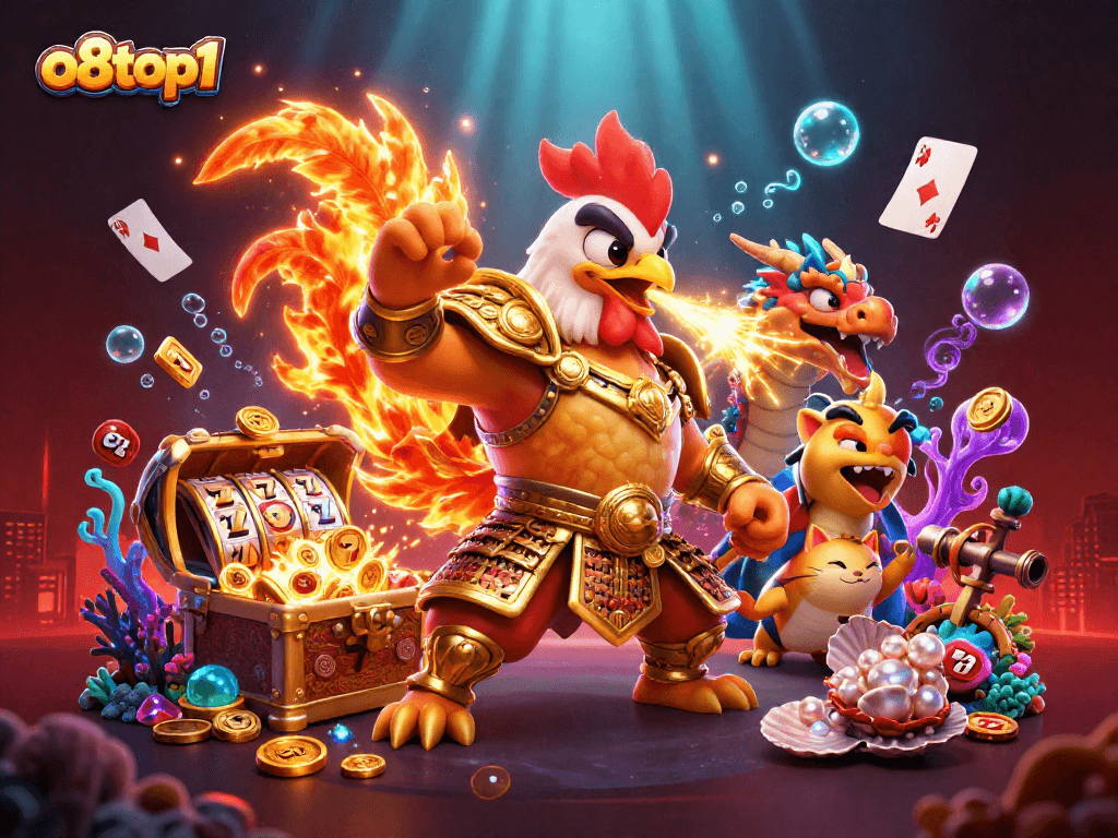 Engaging scene with o8top1 featuring a rooster warrior and dragon amid slots and treasure.