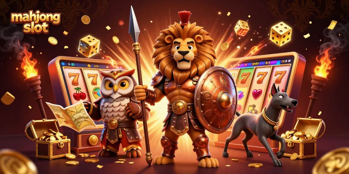 Experience the excitement of mahjong slot with a dynamic 3D illustration of characters and vibrant slot machines.