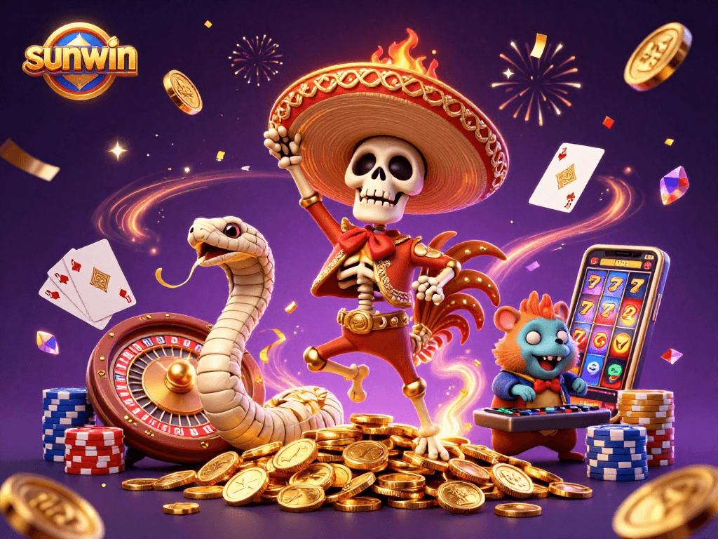 Experience the thrill of sunwin with vibrant characters celebrating a jackpot in the casino.