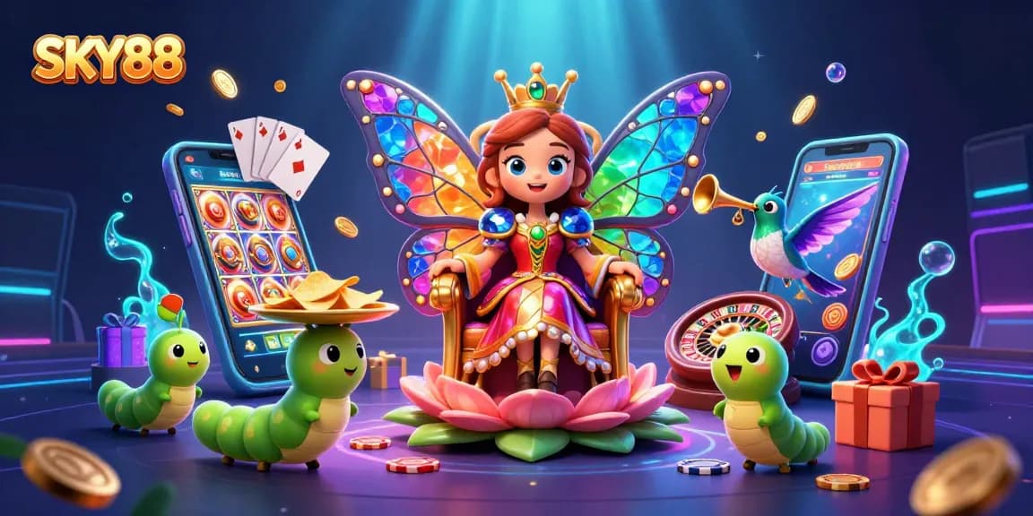Experience thrilling gaming with SKY88's vibrant 3D casino illustration featuring a butterfly queen and immersive slot games.