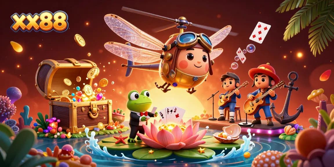Experience the vibrant world of xx88 with a colorful 3D illustration of a casino scene featuring engaging characters and dynamic elements.