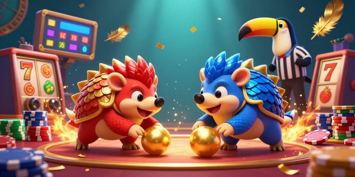 LUCK8 pangolins compete in a lively casino setting, rolling golden balls amid poker chips.