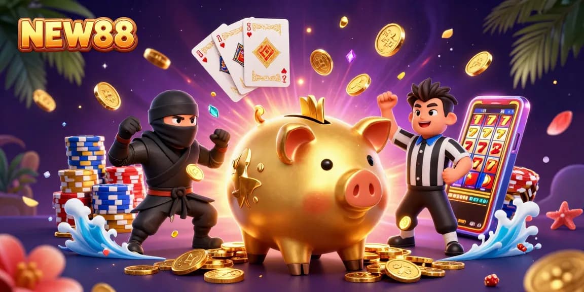 Experience the excitement of NEW88 with a dynamic 3D illustration showcasing casino elements and vibrant characters.