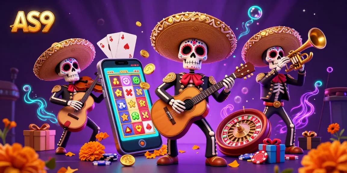 Experience the vibrant AS9 casino atmosphere with a spirited mariachi band amidst colorful gaming elements.
