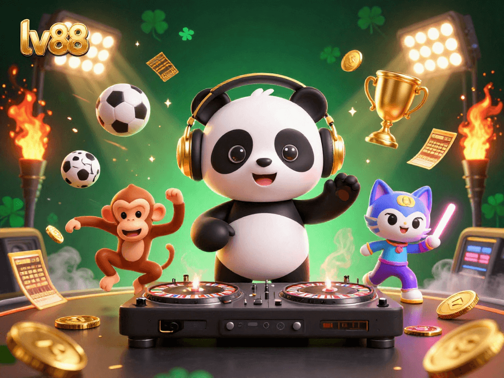 The lively scene at lv88 features a DJ panda, dancing monkey, and rave kitten surrounded by vibrant casino elements.