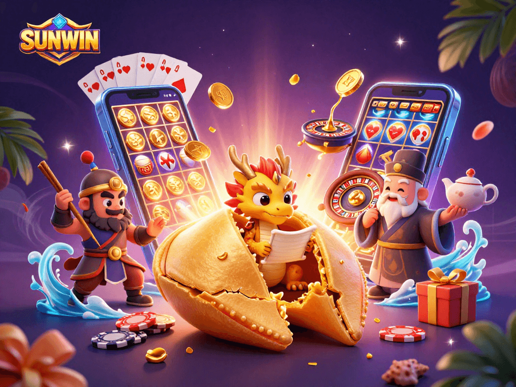 Experience the excitement at SUNWIN with a vibrant 3D casino-themed illustration featuring games and fun elements.