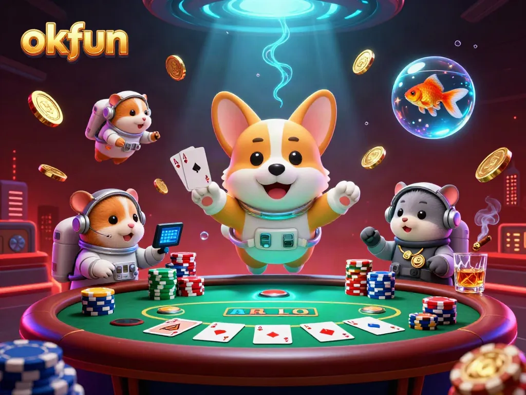 Experience a whimsical space casino with okfun featuring an astronaut corgi and a mission-control hamster.