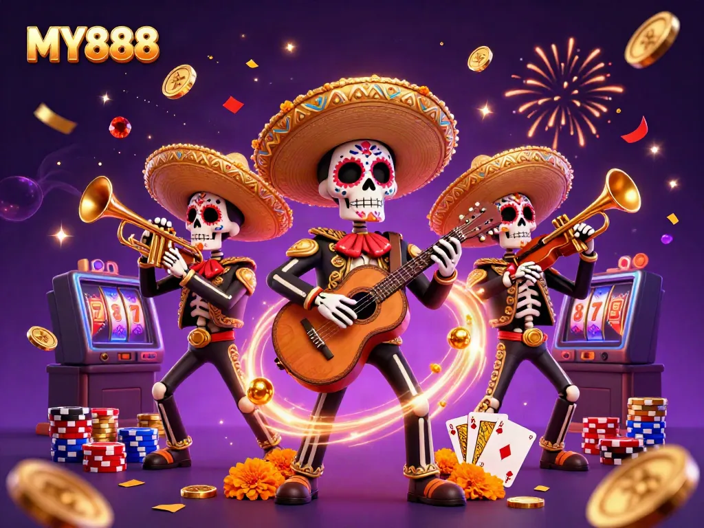 Experience thrilling gameplay with MY888's vibrant 3D illustration of a casino fiesta featuring colorful mariachi characters with dynamic game elements.