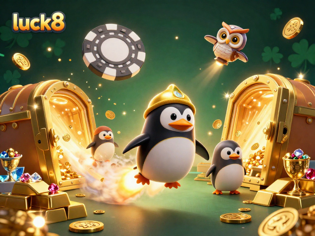 Luck8 offers exciting online casino adventures with a golden penguin exploring vibrant gambling treasures.