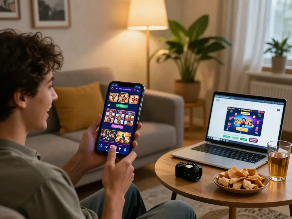 Koitoto online gaming experience at home with a user enjoying slot games on smartphone and laptop