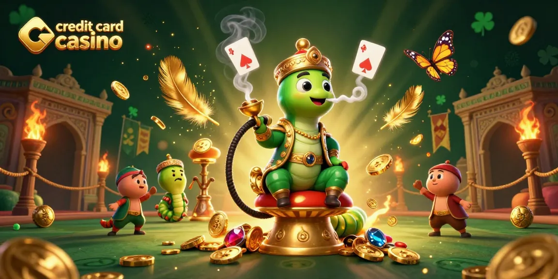 Credit card casino scene featuring a magical caterpillar hookah-master and vibrant gambling symbols.