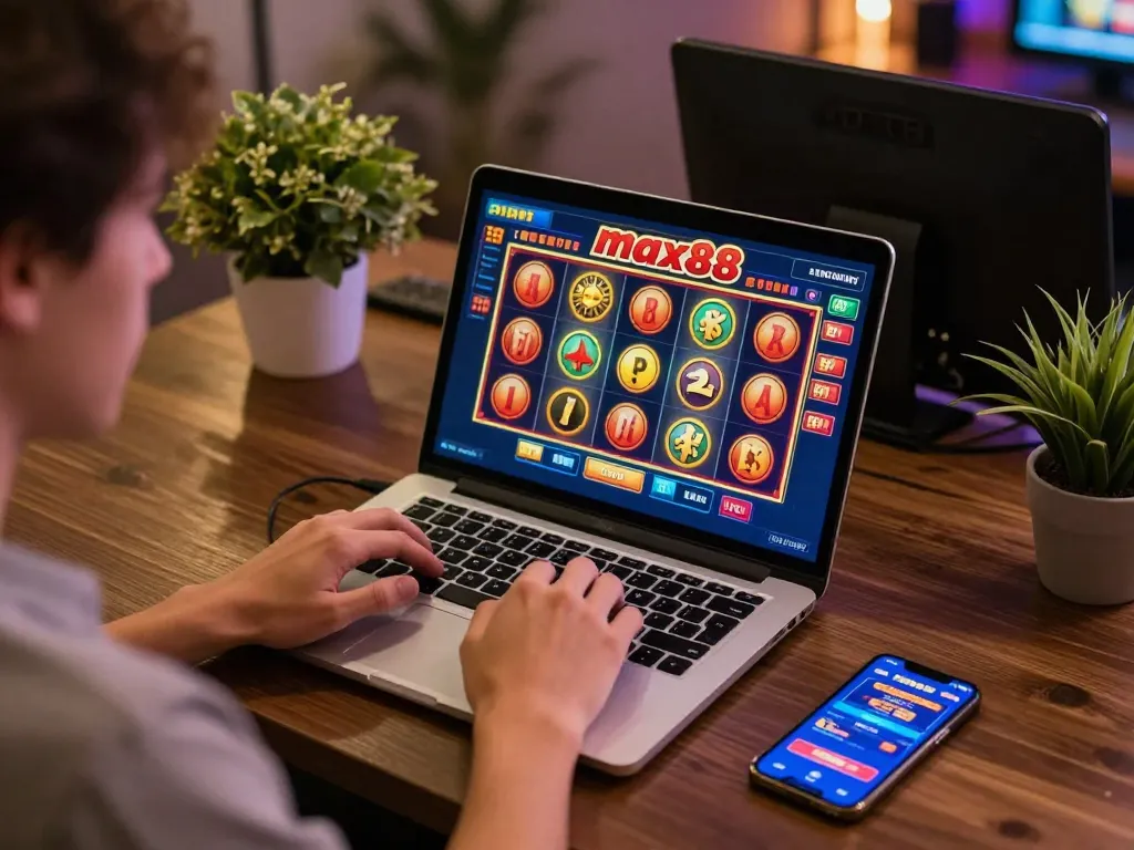 Engaging scene of a user playing max88 slots on a laptop amidst a cozy home setup.